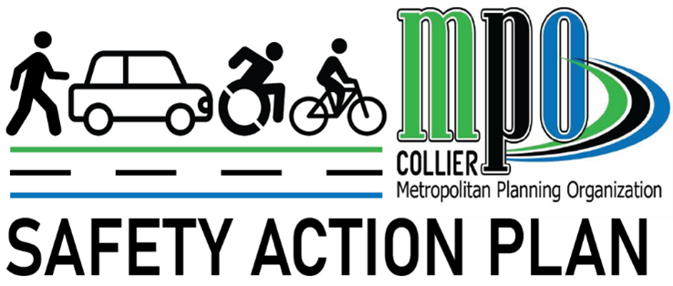 Safety Action Plan graphic with a road and a pedestrian, person in a wheelchair, car, and bicyclist